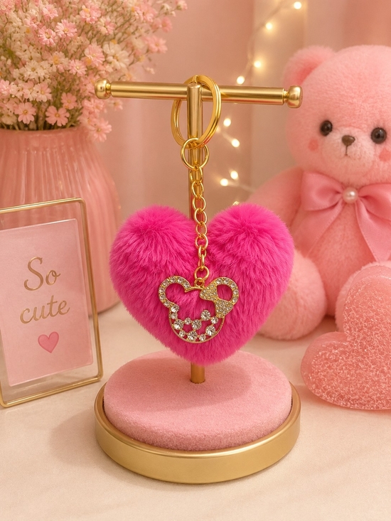 Other - Pink Heart Fuzzy Keychain with Gold-color Minnie Mouse Silhouette